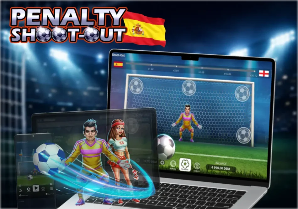 Interfaz del juego Penalty Shoot Out con portero y balón frente a la portería